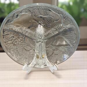 KIG Relish Dish Clear Glass 3 Sections Embossed Vegetables Fruit 8"